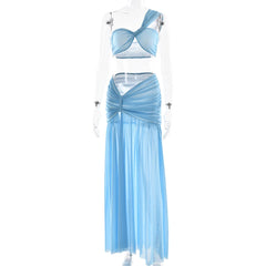 Aiertu  -  Sexy Mesh Patchwork Double-layer Pleated Women Suit Irregular Top Half Body Long Skirt Two-piece Set Party Beach Holiday Aiertu