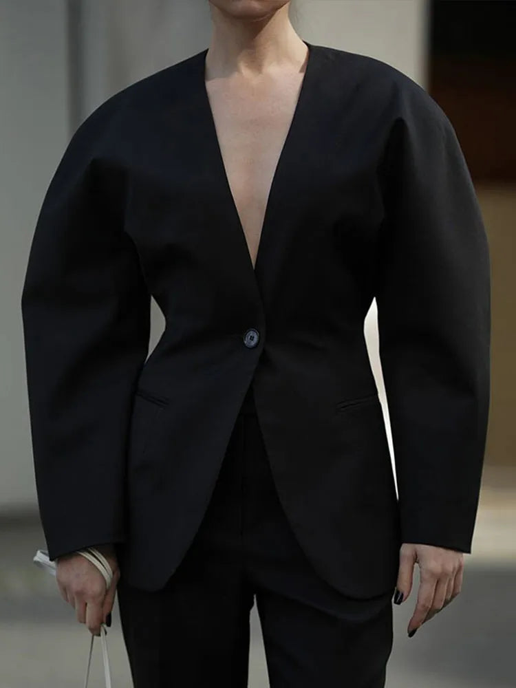 Aiertu  Elegant Slim Blazer Suit Women V Neck Metal One Button Long Sleeve Shoulder Pads Jacket 2025 Spring New Office Lady Outerwears Aiertu