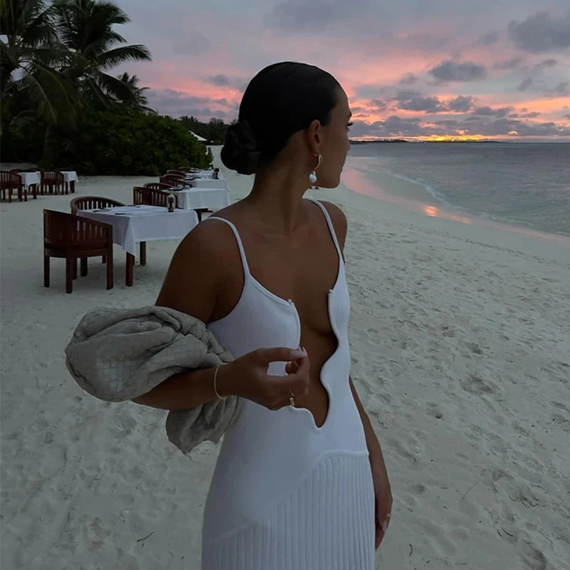 Aiertu  -  Elegant Solid Color Irregular V Neck Maxi Dress Sexy Sleeveless Backless Pleated Hem Resort Sling Dress 2025 Women Evening Dress Aiertu