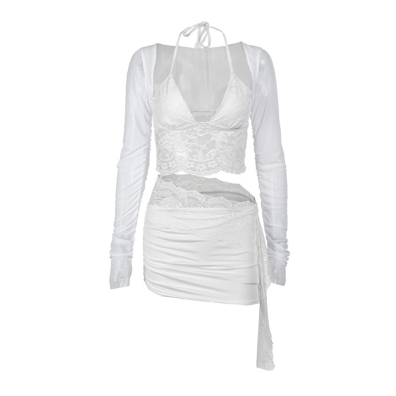 Aiertu Autumn New Fashion Temperament Sexy Deep V Slim Lace Spliced Net Long-Sleeved Dress Woman Aiertu
