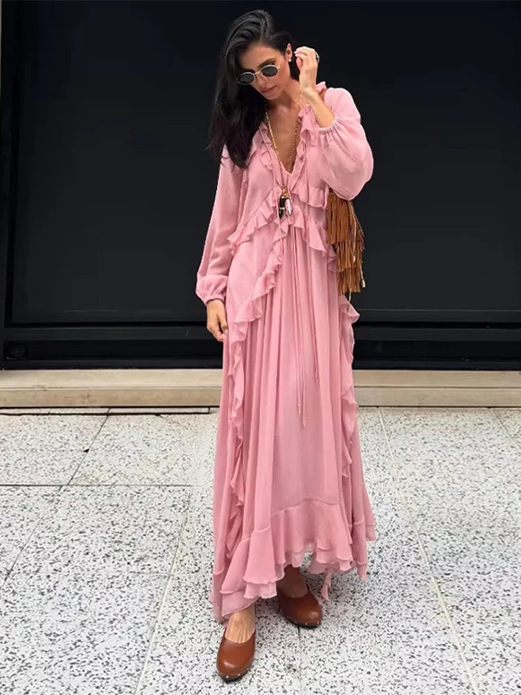 Aiertu  -  Ruffle Lace Deep V-neck Big Swing Long Dress Women Elegant Drawstring High Waist Long Flare Sleeve Holiday Pleated Lady Dresses Aiertu