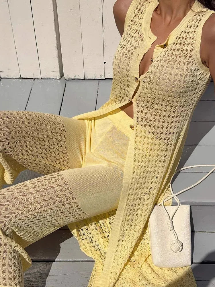 Aiertu  -  Knit Vest Cardigan Beach Dress Long Pants 2 Pieces Sets For Women Hollow Out Sexy See Through Cardigan Long Pants Sets Aiertu