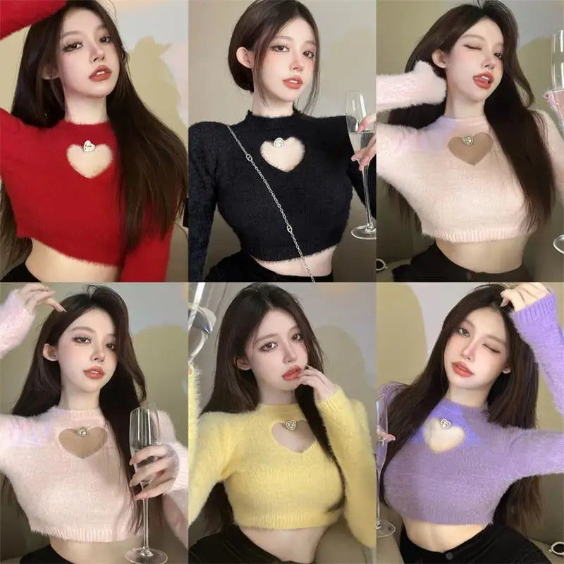Aiertu 2025 spring fashion trend Autumn Winter New Sweater Women's O Neck Diamond-Studded Hollow Love Long Sleeve Slim Short Crop Top Aiertu