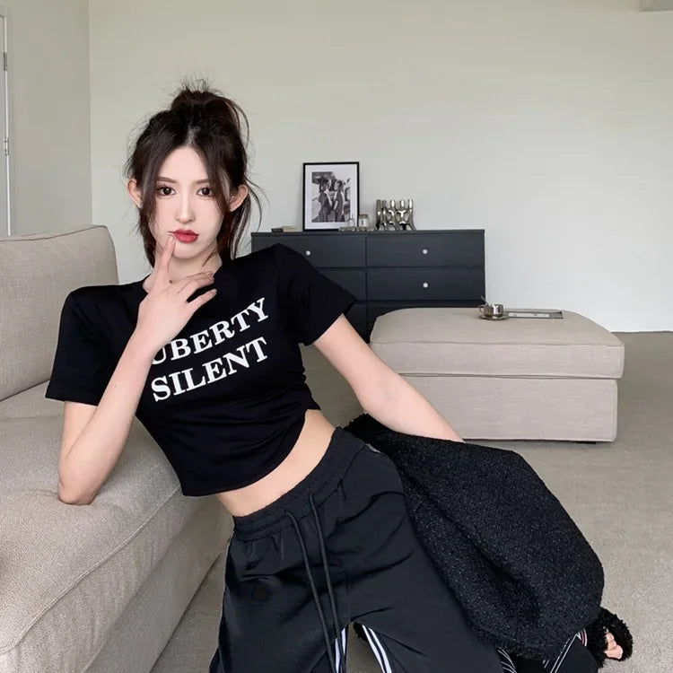 Aiertu  -  Short Sleeved T-shirt Women's Short Base Shirt 2026 Spring and Summer Slimming Slim Fit Letter White Student Top Female Clothes Aiertu