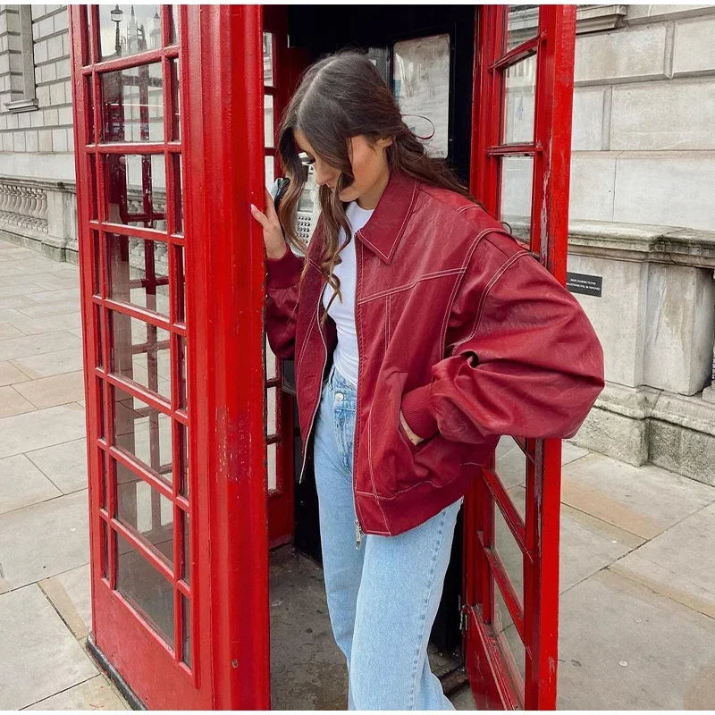 Aiertu  -  Loose Patchwork Leather Jackets Women Fashion Lapel Zipper Pockets Long Sleeve Coats 2026 Autumn New Female Chic Tops Streetwear Aiertu