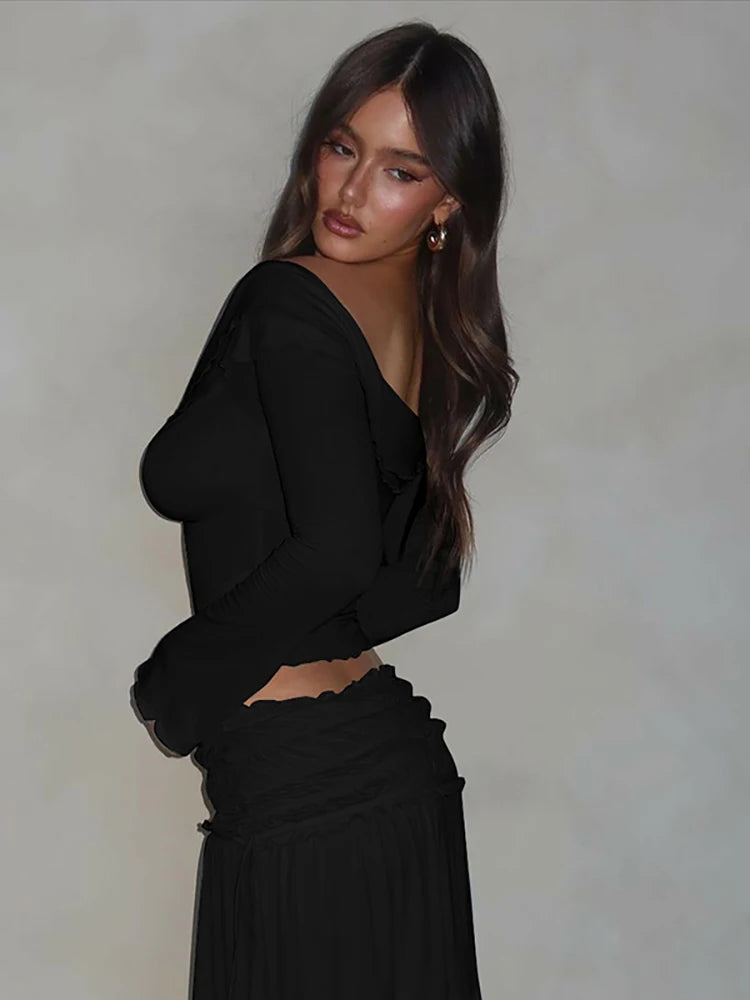Aiertu  -  Sexy Off Shoulder Ruched Women Skirt Two Piece Sets Apricot Long Sleeve Top Mini Skirt Set Female Elegant Party Clubwear Aiertu
