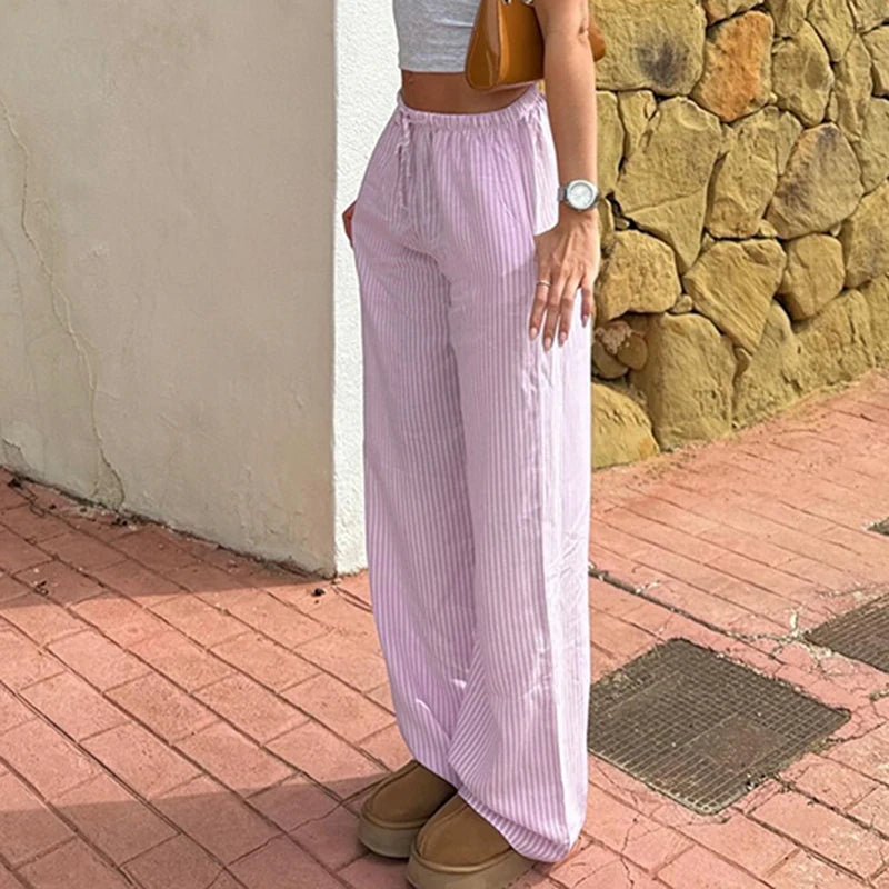 Aiertu  Streetwear Striped Print Loose Trousers Lace-up Joggers Fashion Y2K Baggy Pants Basic Aesthetic 90s Cute Bottoms Aiertu