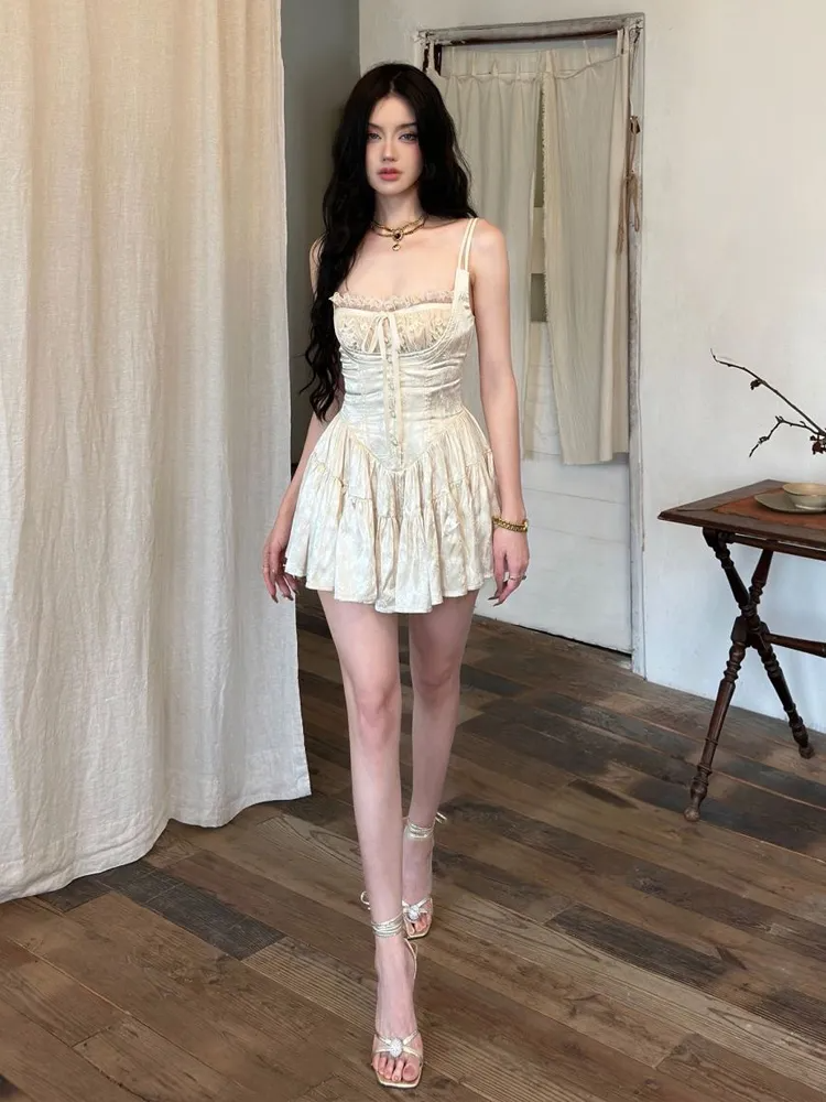 Aiertu - Sexy Solid White Stitching Lace Bra Corset style Spaghetti Strap Mini Dress Women Backless Party Skater Short Sling Robe Aiertu