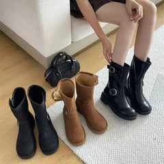 Aiertu    -  Black Ankle Boots For Woman Round Toe Chunky Heels Short Shoes Comforts Platforms Boots Belt Buckle Fall Shoes Botas De Mujer Aiertu
