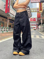 Aiertu  -  Grunge Black Jeans Women Y2k Vintage Oversized High Street Wide Cargo Denim Trousers Casual Baggy Straight Denim Pants Aiertu