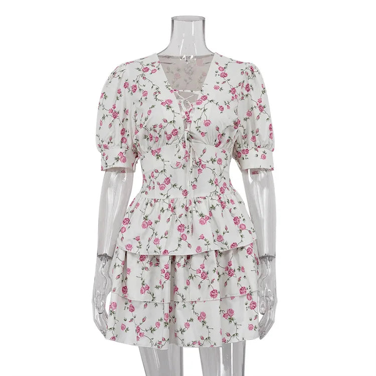 Aiertu  -  V-neck Lace Up Floral Mini Dress For Women Short Sleeve Ruffled Splice Sweet Beach Holiday Dress Party Female Summer New Aiertu