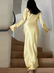 Aiertu  -  Vintage Solid Silk Shirt Long Dresses Women Elegant Loose Lapel Single Breasted High Waist Slit Dress Lady Chic Party Streetwear Aiertu