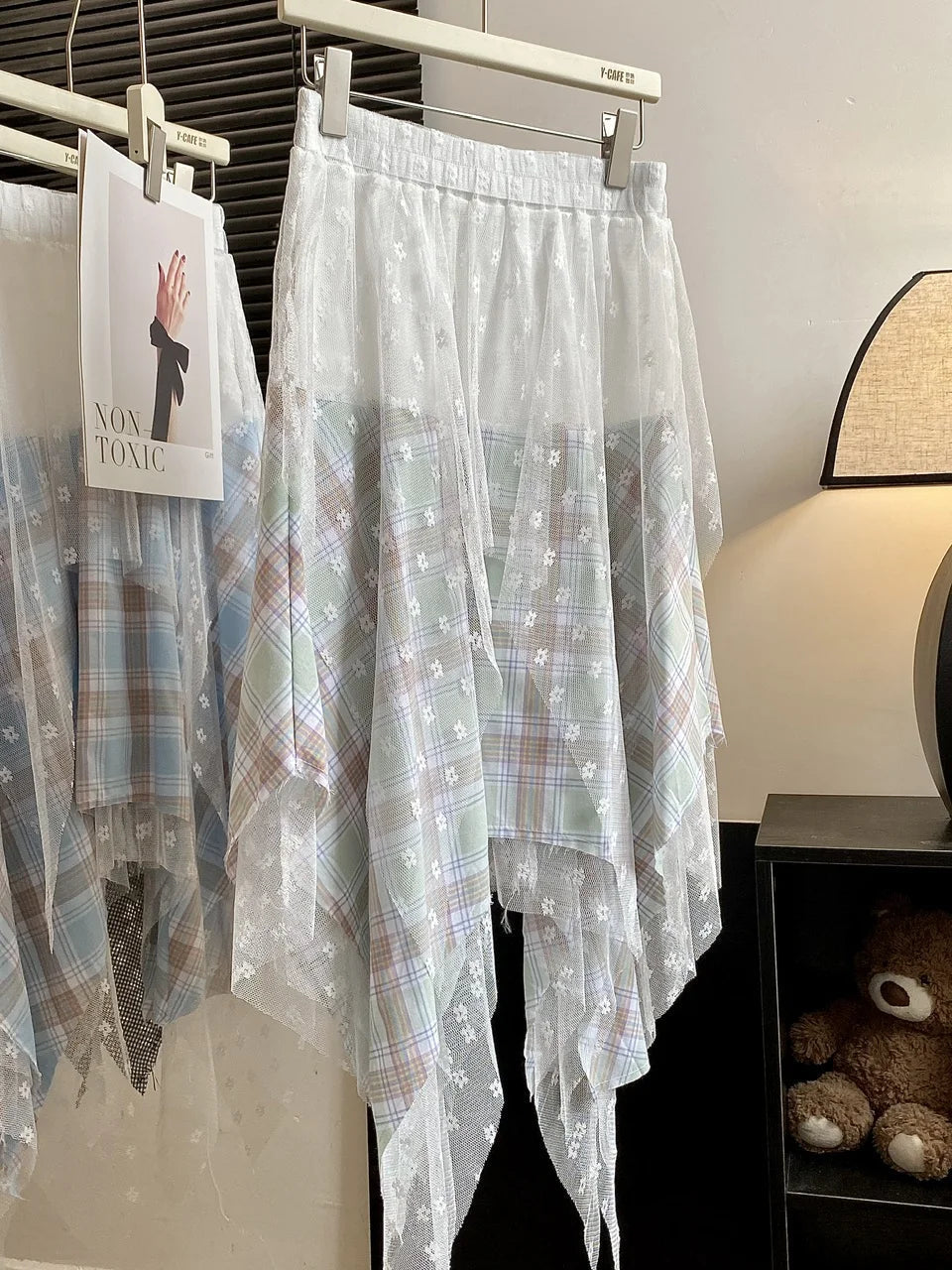 Aiertu  -  Sweet Girl Lace Mesh Skirt Women's Spring Elastic Waist Irregular Plaid A-line Long Skirt Fashion Female Clothes Aiertu