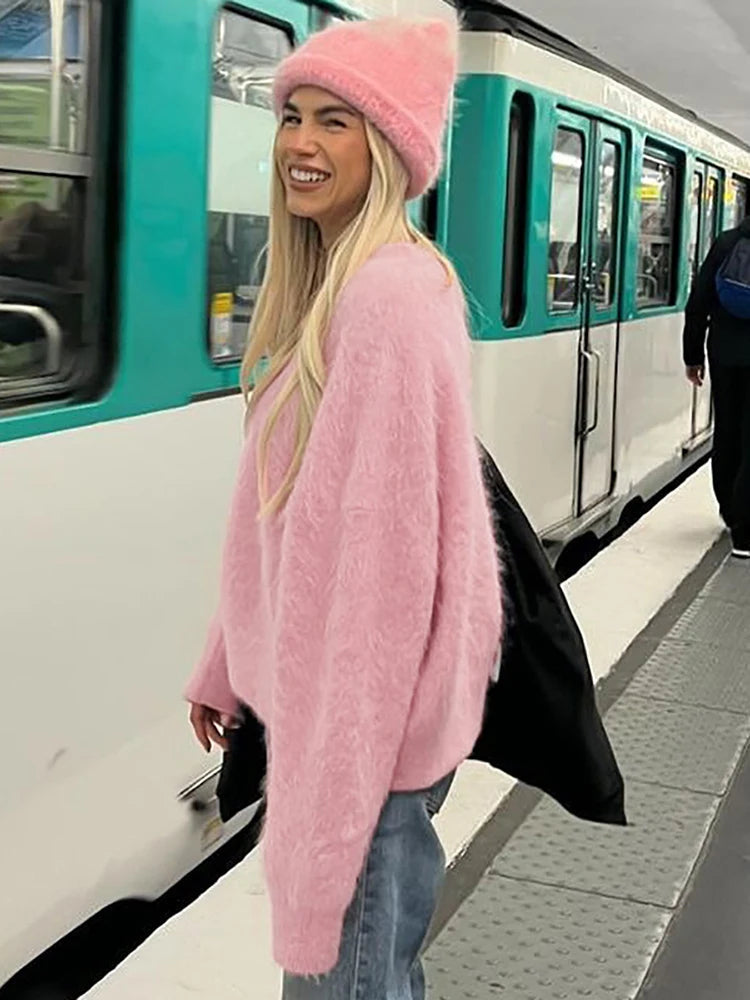 Aiertu  -  layered look inspo Knitted Round Neck Pullover Women Sweater Pink Long Sleeve Solid Casual Sweater Female Winter New Warm Loose Streetwear Aiertu