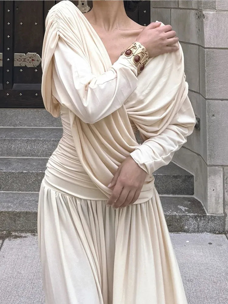 Aiertu  -  New Elegant V-neck Cross Draped Pleated Maxi Dress Women Chic Backless Long Sleeve Party Robes Female Fashion Evening Gowns Aiertu