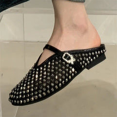 Aiertu  -   Fashion Design Crystal Rhinestone Round Toe Buckle Strap Mules Slippers Women Elegant Low Heels Casual Party Dress Shoes Aiertu