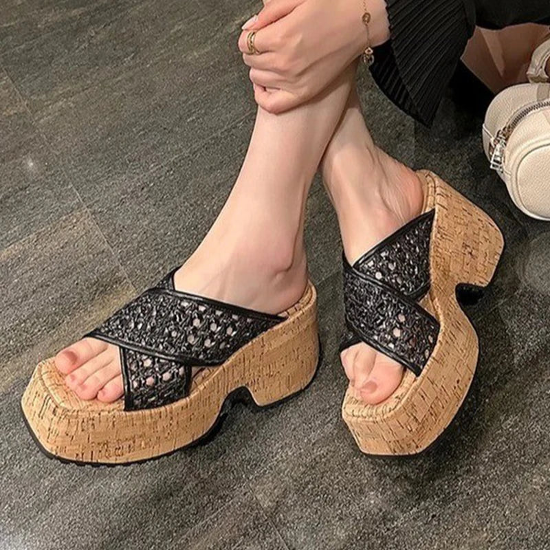 Aiertu  -  Mesh Women Slippers Platform High Heels Sandals Square Toe Shoes Summer Brand Beach Shoes Elegant Dress Pumps Mujer Slides Aiertu