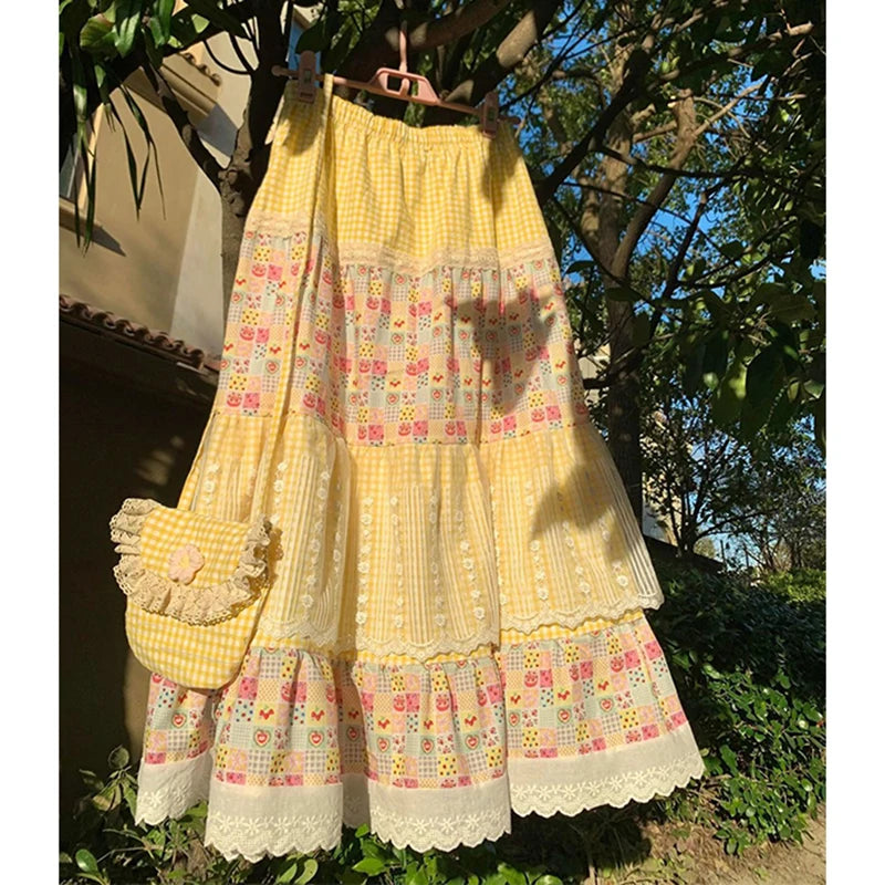 Aiertu  -  Vintage Plaid Midi Skirt Women Japanese Harajuku Print Skirts Summer Y2K Boho Korean Lace Patchwork Casual Design Faldas Aiertu