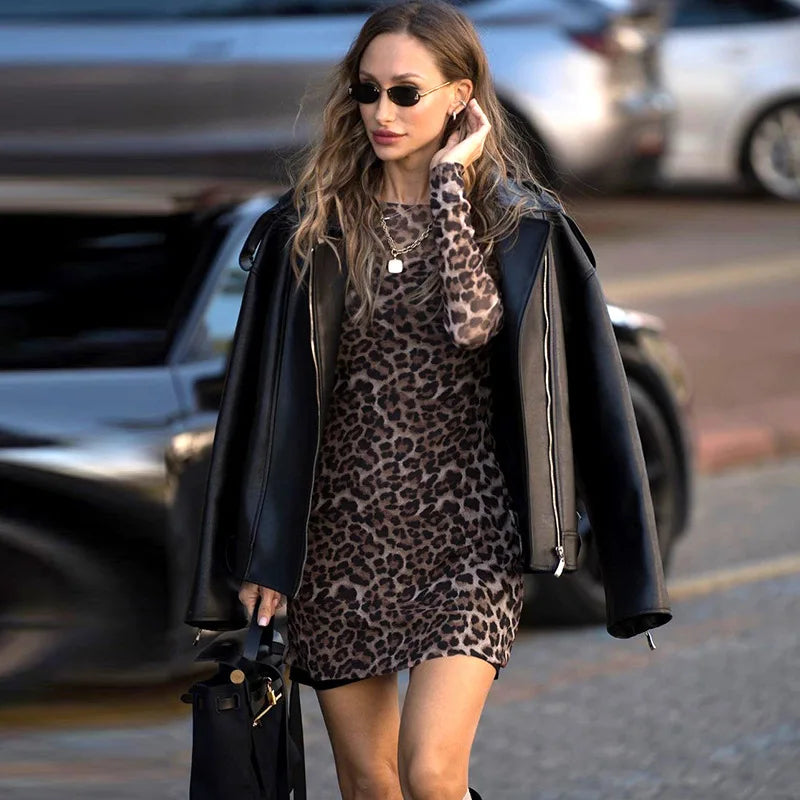 Aiertu  -  Fashion Leopard Print Long Sleeve Mini Dress Party Club Autumn Two Piece Sets Outfits Mesh Sheer Dresses Vestido Aiertu