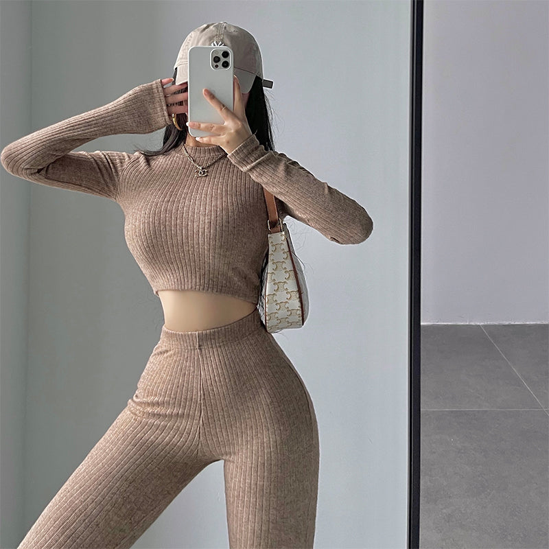 Aiertus Solid Color Ribbed Slim Long Sleeve Cropped Top High Waist Pants Matching Set Aiertu