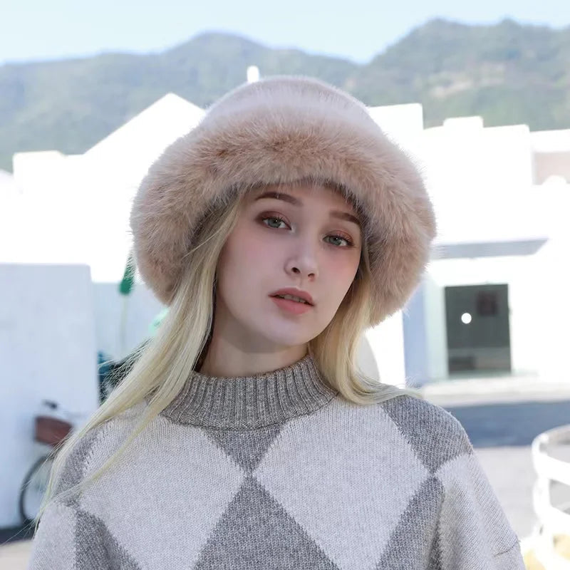 Aiertu  -  Autumn Winter Women Keep Warm Rainbow Faux Fox Fur Basin Cap Female Fashion Casual Party Bucket hat Music Festival Thickened Hat Aiertu
