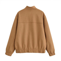 Aiertu  -  Women's Vintage Solid Jacket Loose O Neck Zipper Pocket Long Sleeve Female Coat Autumn Lady Office All-match Outwear New Aiertu