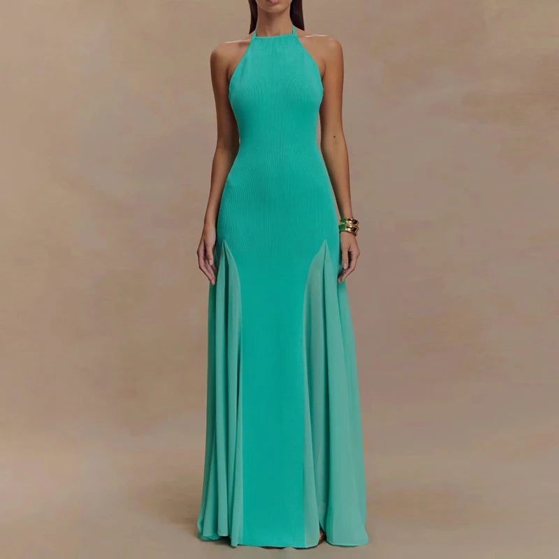 Aiertu  -  Elegant Halter Knitted Tulle Women's Long Dress Backless Lace-up A-line Slim Chic Robe 2026 Summer Beach Party Evening Dresses Aiertu