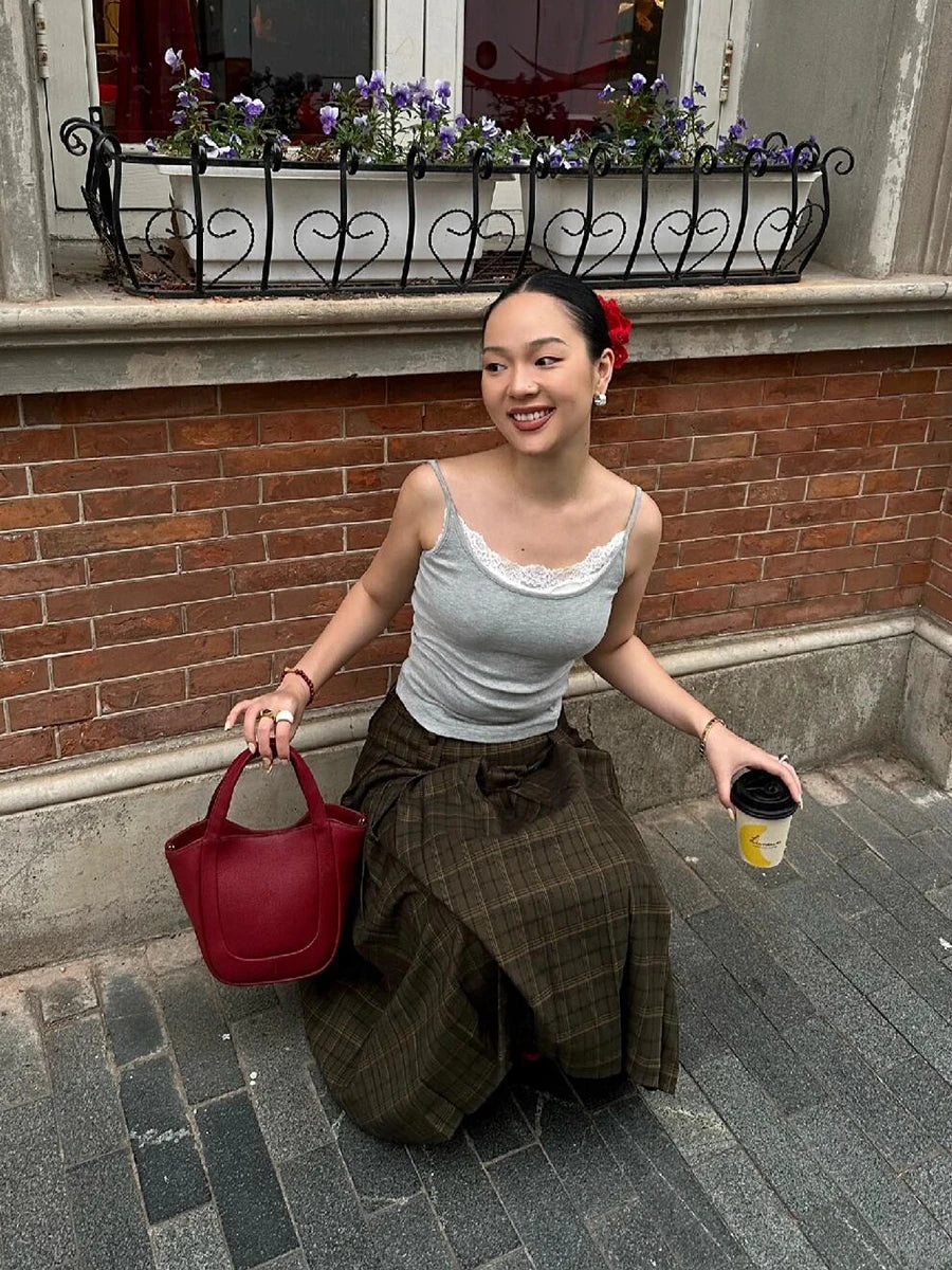 Aiertu  -  Women Midi Long Plaid Skirt Vintage Green High Waist Loose A-line Pleated Skirt School Uniform Casual Autumn Clothes Aiertu