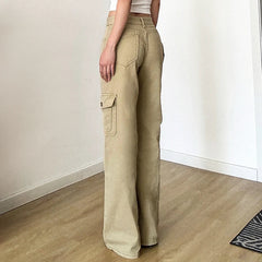 Aiertu  -  Y2K Casual Women Straight Jeans Khaki Fashion Pocket Cargo Pants Retro 90s Loose Denim Trousers Spring High Street Aiertu