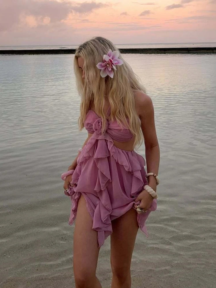 Aiertu  -  Pink 3D Floral Bandage Sleeveless Summer Dress Women Sexy Strapless Backless Mini Dress Beach Ladies Holiday Sundresses 2025 New Aiertu