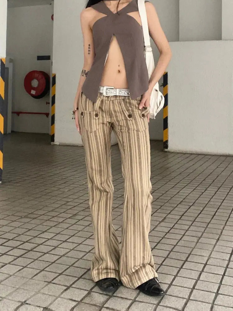 Aiertu  -  Vintage Harajuku Sheath High Waist Flared Jeans Female Hight Street Retro Y2K Pants Women's Striped Slim 2000s Denim Trouser Aiertu