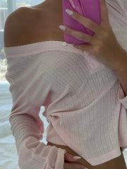 Aiertu  -  New Fashion Women 2-Piece Fall Shorts Set Half Button-Up V-Neck Long Sleeve Tops Shorts Solid Color Eyelet Outfits Hot Sale Aiertu