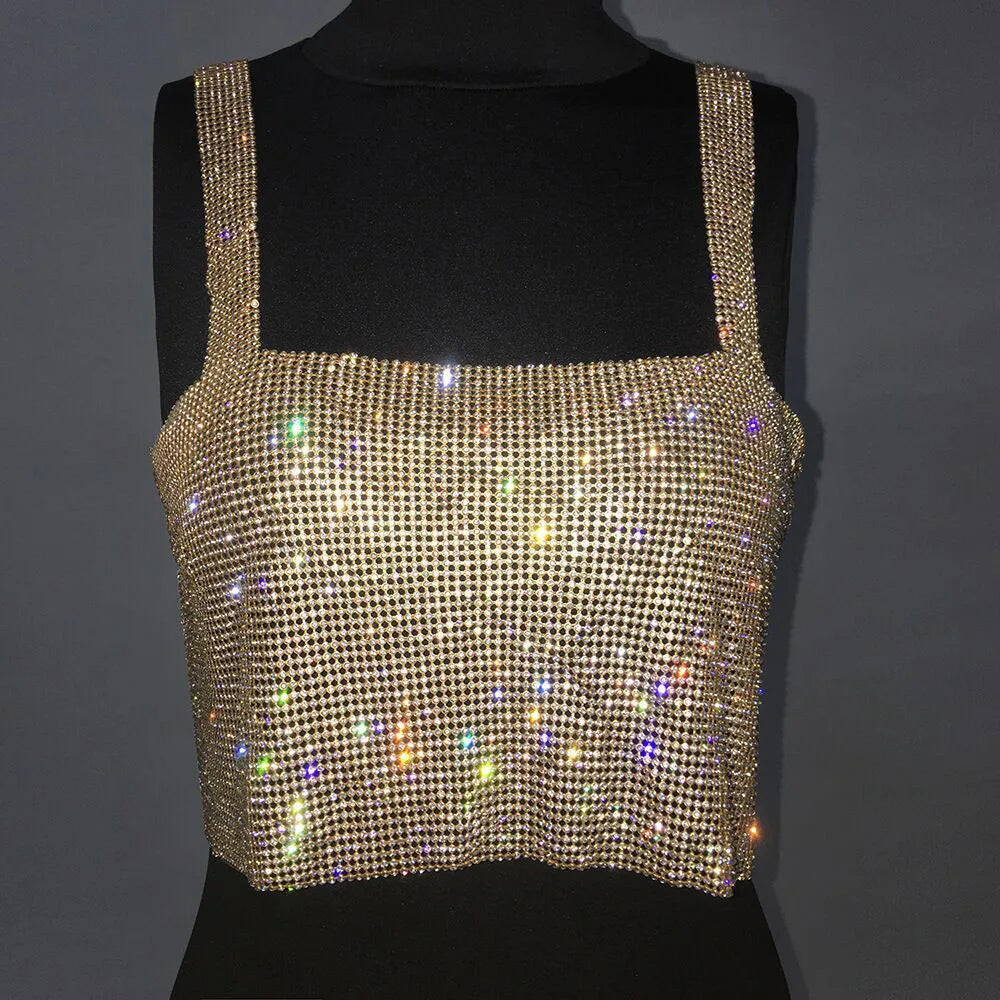 Aiertu  -  Metal Mesh Rhinestone Sleeveless Tank Top Women Back Hollow Chain Crop Tops Hot Girl Beach Sexy Club Party Vest Femme Aiertu