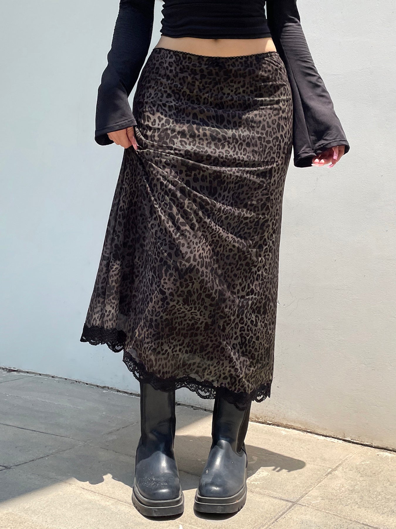 Aiertu - summer inspo Retro Brown Leopard Y2K Long Skirts Women Lace Trim Hem Two Layers Mesh Vintage Aesthetic Elegant Fashion Women Clothing Aiertu