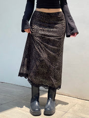 Aiertu - summer inspo Retro Brown Leopard Y2K Long Skirts Women Lace Trim Hem Two Layers Mesh Vintage Aesthetic Elegant Fashion Women Clothing Aiertu
