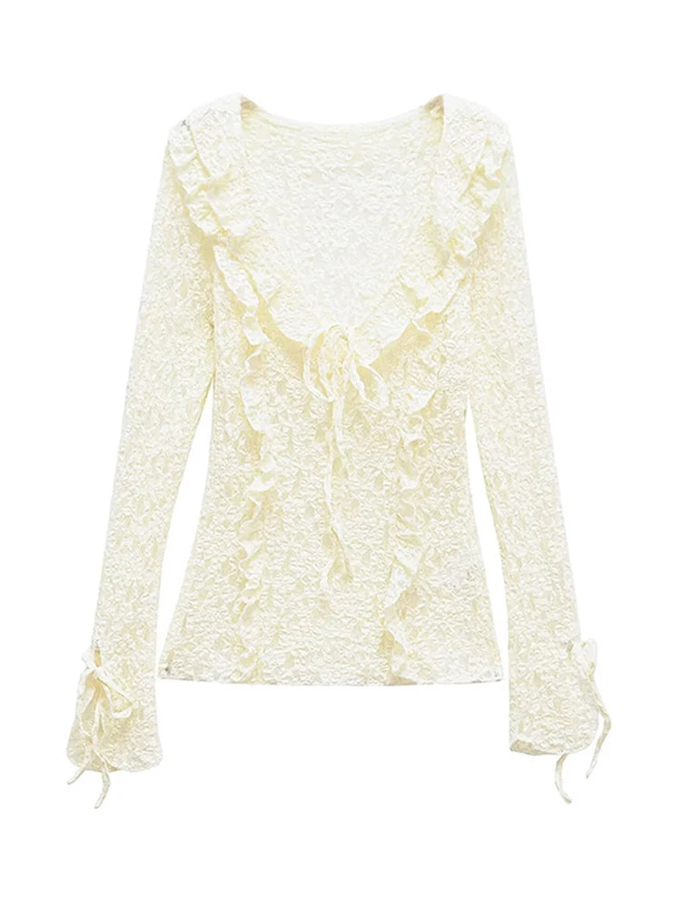 Aiertu  -  Fashion V-neck Solid Lace Laminated Decoration Blouse Women Hole Long Sleeves Loose Lace-up Shirt 2025 Women Spring Streetwear Aiertu