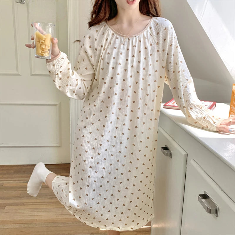 Aiertu Long Sleeve Nightgowns Women Floral Bow Temper Autumn Home Cozy Aesthetic O-neck Prairie Chic All-match Sleepwear Korean Style Aiertu