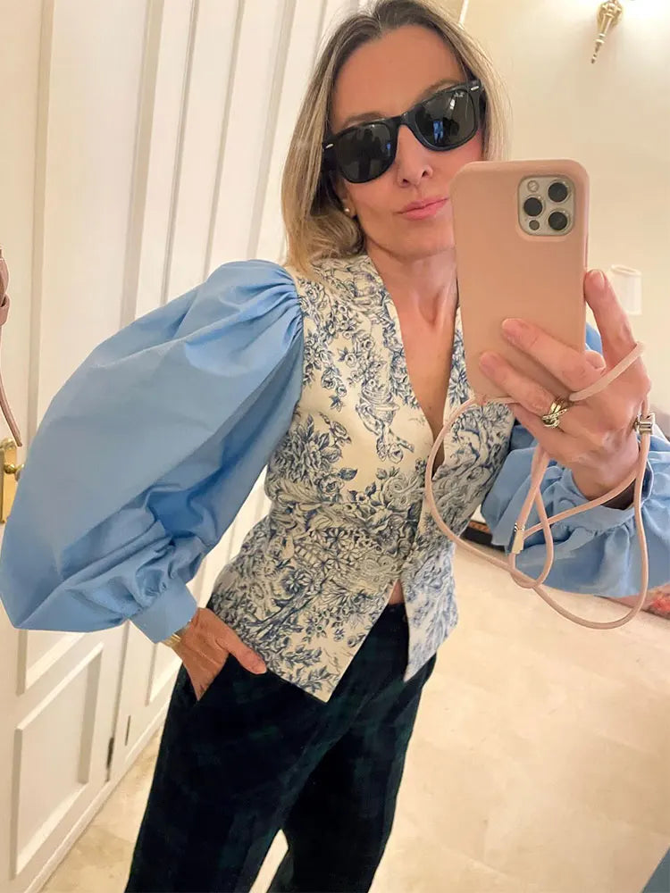 Aiertu  -  Chic V-neck Printed Patchwork Shirts Women Elegant Single Breasted Long Sleeve Blouse 2026 Casual Lady High Street Tops Aiertu