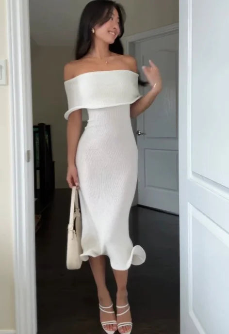 Aiertu       -  Solid Color One Collar Knitted Long Dress Women Off Shoulder Curled Bodycon Maxi Dress Lady Fashion High Street Party Robes Aiertu