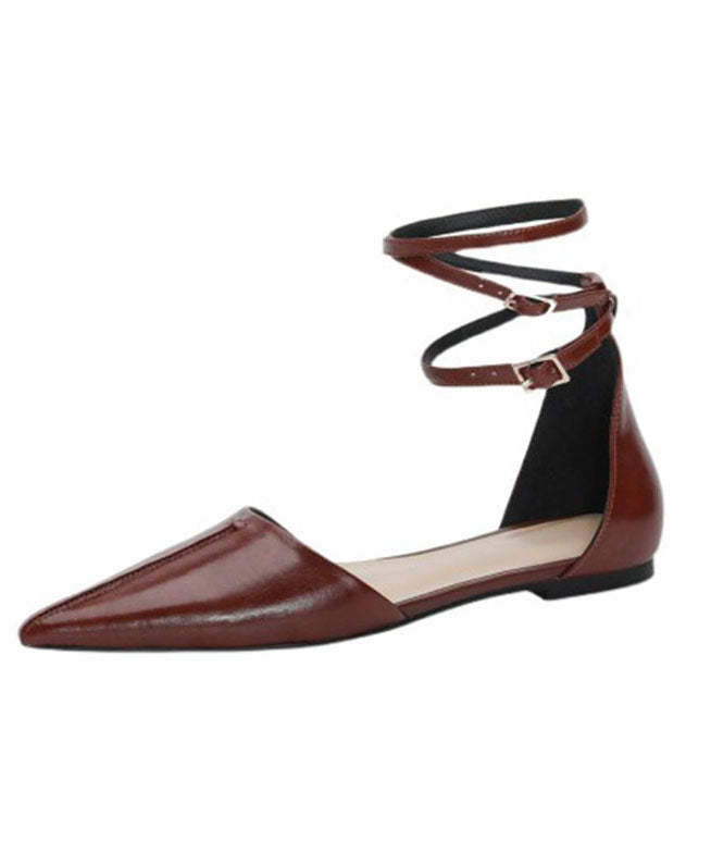 Aiertu  Fashion Brown Cowhide Leather Walking Sandals Pointed Toe Buckle Strap Aiertu