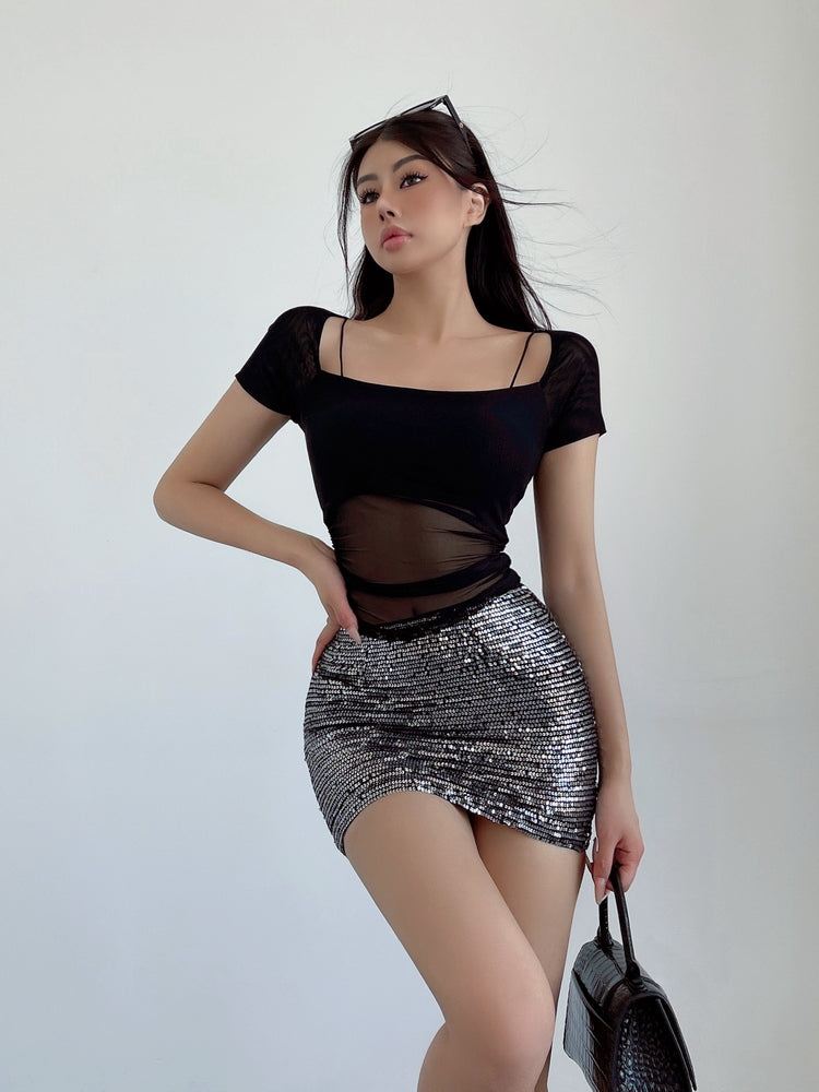 Aiertu Solid Color Sequined Slim High Waist Mini Skirt Aiertu