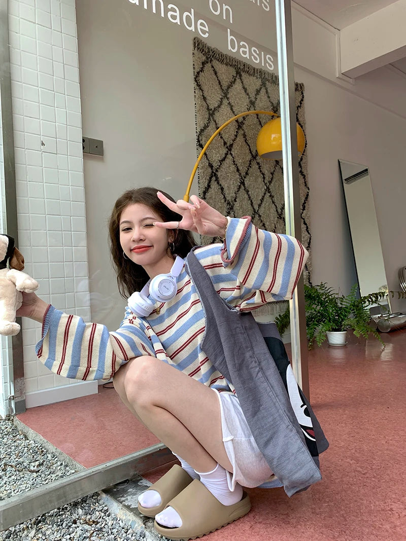 Aiertu  -  Harajuku Striped Knitwear T-Shirt V-neck Long Sleeve Contrast Color Tee Oversized Streetwear Korean Style Spring Clothes Aiertu