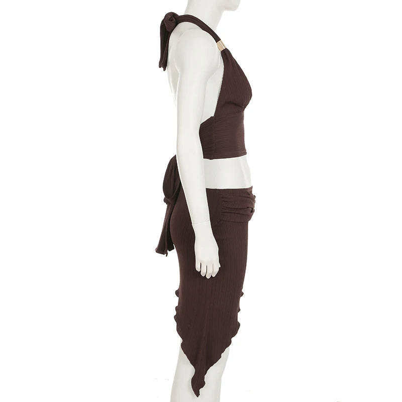 Aiertu  -  Sexy Holiday Style Two Pieces Set Women Summer Cropped Halter Top+Asymmetric Hem With Metal Ring Button Skirt Outfits Aiertu