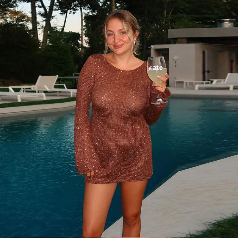 Aiertu  -  Off Shoulder Shinny Women Dresses Full Sleeve O Neck Lady Short Dress 2025 Fashion Glitter Spring Summer Beach Party Female Robe Aiertu