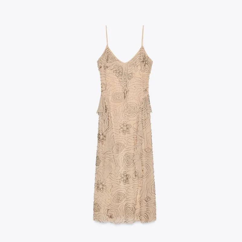 Aiertu  Chic Floral Sequin Bead Embroidery Ruffle Sling Dress For Women Y2k Sleeveless Backless Evening Dress Vacation Beach Party Robes Aiertu