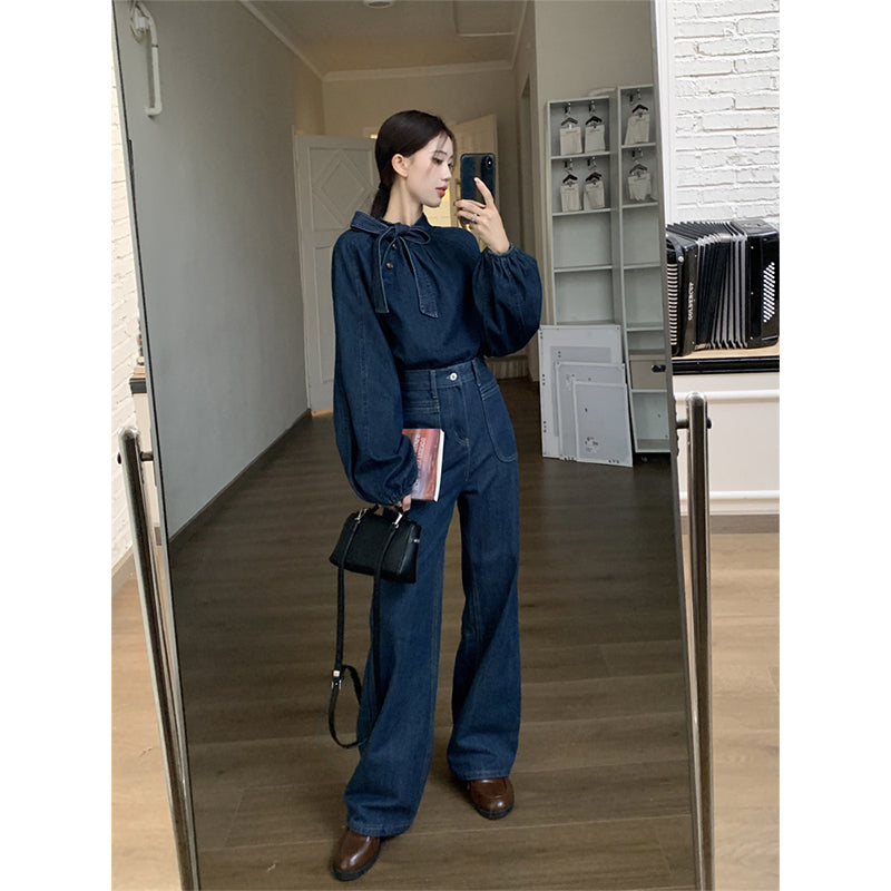 Aiertu Elegant Bow Denim Shirts Women Vintage Bandage Jeans Blouses Streetwear Korean Puff Long Sleeve Casual All Match Tops New Aiertu