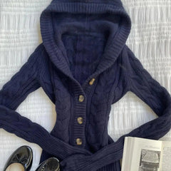 Aiertu  -  Fashion Dark Blue Hooded Knitted Cardigan Sweater Women's Casual Versatile Retro Harajuku Simple Top Y2K Cropped Cardigan Aiertu