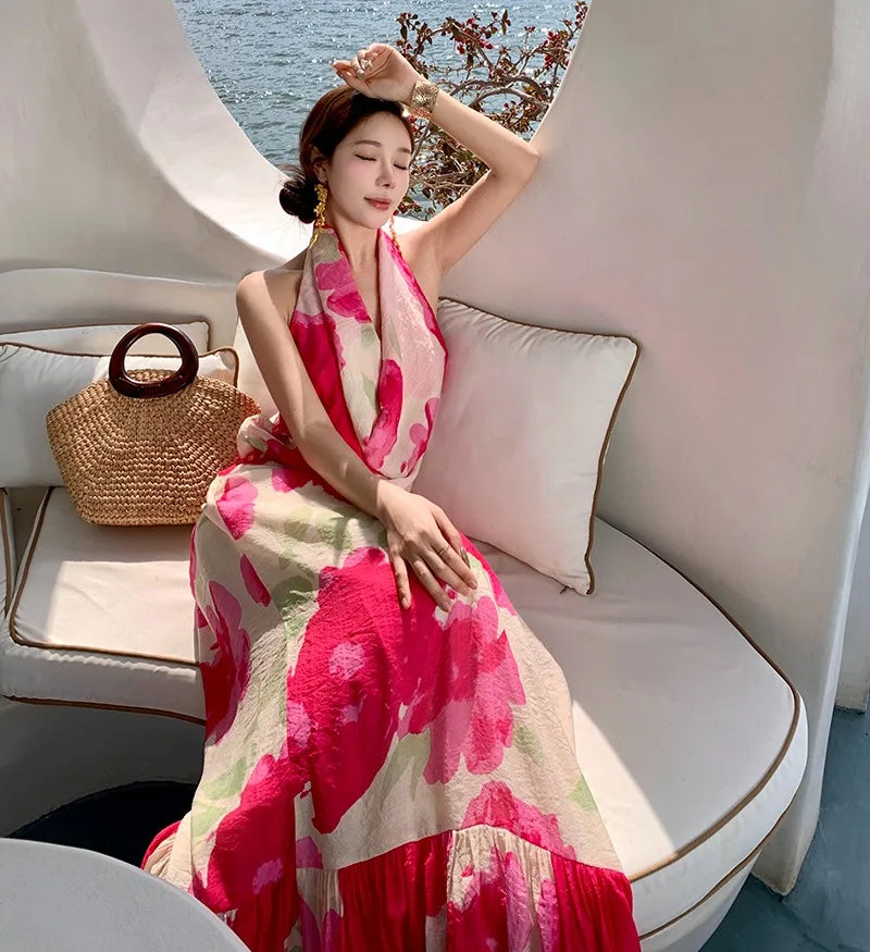 Aiertu  -  Rose Red Halter Neck Backless Long Dress for Women's Summer Seaside Vacation Style Colorful Printed A-line Dress Female Clothes Aiertu