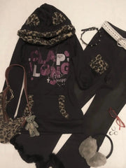 Aiertu  -  Japanese Style Leopard Printed Splicing Velvet Fur Cat Ear Cute Pullovers Harajuku Vintage Casual Long Sleeves Y2k Sweatshirts Aiertu
