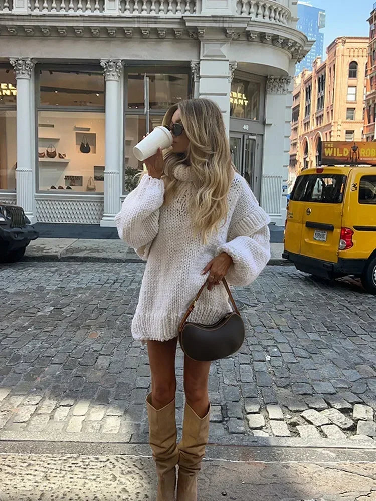 Aiertu  -  Oversized Turtleneck Blue Knitted Pullover For Women Loose Long Lantern Sleeve Sweater Tops Autumn New Lady High Streetwear Aiertu